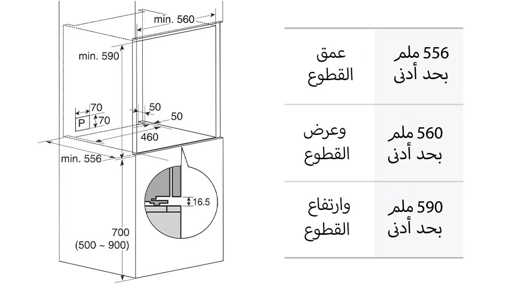 تعرض هذه الصورة أبعاد الفرن.