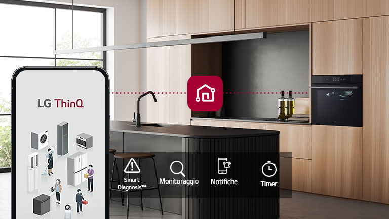 Immagine di un forno e di uno smartphone collegati tramite l'app ThinQ. Ci sono 4 icone che descrivono le funzioni smart del forno: diagnostica smart, monitoraggio, notifiche e timer.