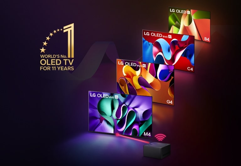 على خلفية سوداء، تصطف شاشات LG OLED M4 وLG OLED G4 وLG OLED C4 وLG OLED B4 بشكل قطري ومُعلَّمة بشاشات ملونة. يظهر شعار &quot;تلفزيون OLED TV رقم 1 في العالم منذ 11 عامًا&quot; في الزاوية اليسرى السفلية.