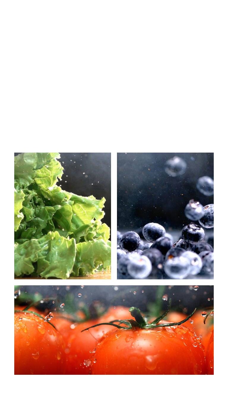 يوجد مقطع فيديو عن قُرب لمياه تتساقط من خس أخضر ناضر بجوار مقطع فيديو عن قُرب لسقوط الماء على طماطم حمراء طازجة.