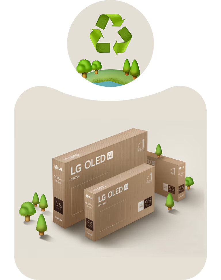 عبوة LG OLED على خلفية باللون البيج مع عرض أشجار مصورة.