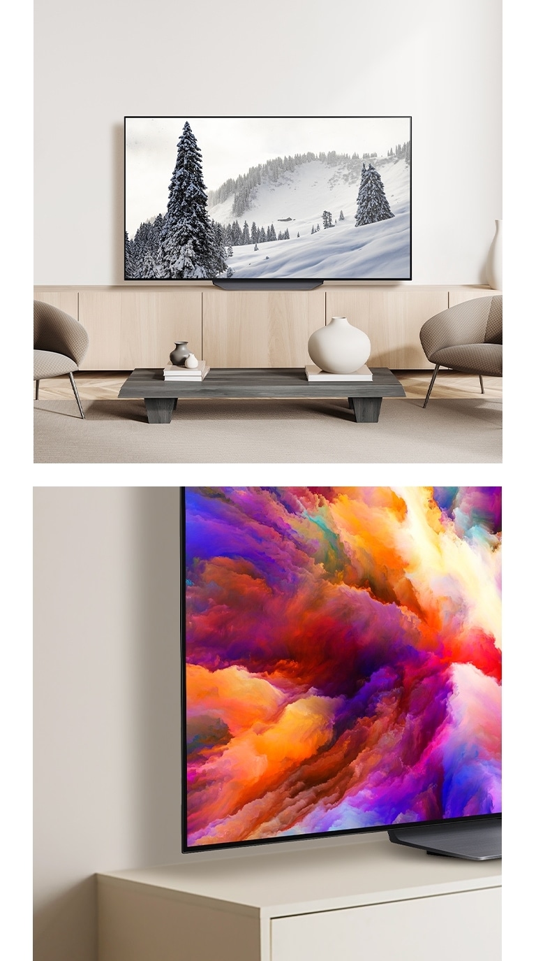 منظور مائل للزاوية السفلية لـ OLED CS4 ويتم عرض عمل فني تجريدي على الشاشة. OLED CS4 في غرفة معيشة نظيفة مع عرض غابة على الشاشة.