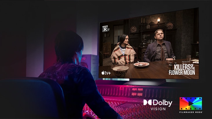 Person watching a movie on LG TV with FILMMAKER MODE™, preserving original cinematic visuals with Dolby Vision.