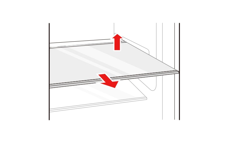 Hold the both side of the shelf. Lift the shelf up and remove it by pulling it out.