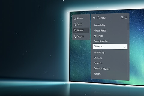 An OLED TV is standing on the right side of the image and the background is shimmering. White lights are shining from the back of the TV. The Support menu is up on the screen, and the OLED Care menu is selected.