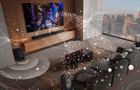 LG TV, LG Soundbar, rear speakers and a subwoofer are in a living room of a skyscraper, playing a musical performance. White soundwaves made up of droplets project from the soundbar and rear speakers, looping around the sofa and living space. A subwoofer is creating a sound effect from the bottom.