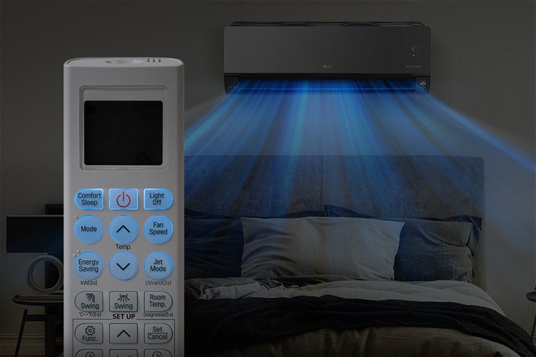 A dark image of a bed at night shows the air conditioner installed on the wall and blue air blowing out over the bed. In the foreground is the front of the remote control showing the buttons and temperature as they are highlighted in blue for easy viewing  in the dark.