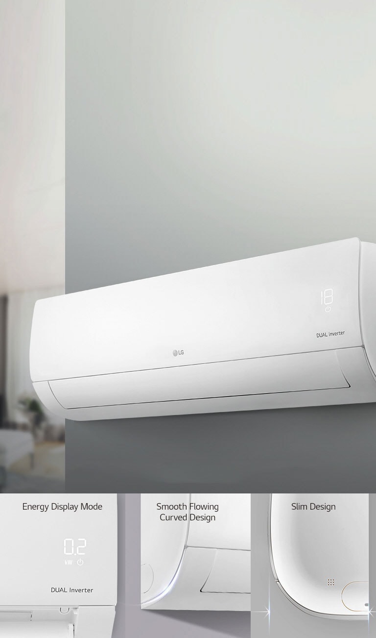 LG Dual Inverter air conditioner with energy display mode, smooth curved design, mounted on a grey wall in a modern room.