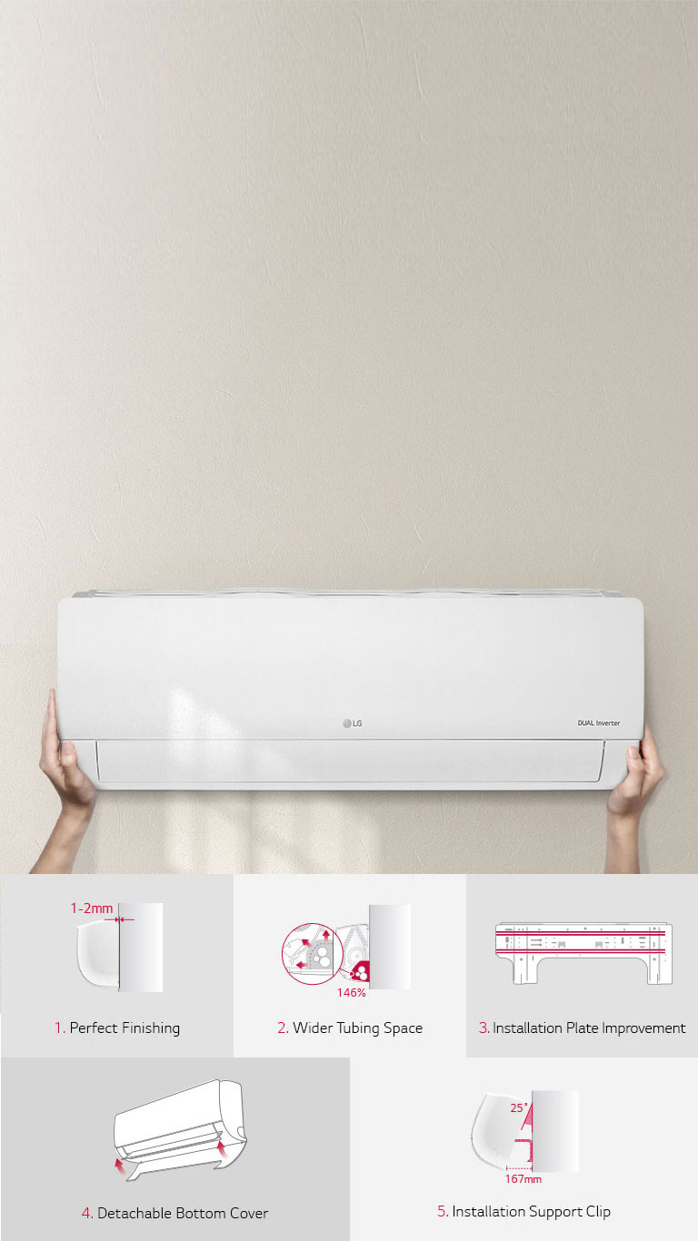 LG Dual Inverter air conditioner installed on a beige wall with features like perfect finishing and wider tubing space.