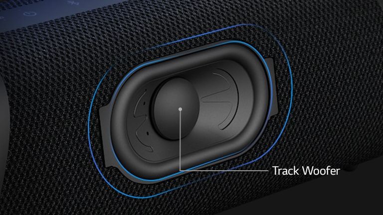 Diagonal view LG XBOOM Go XG5, showing its track type woofer.