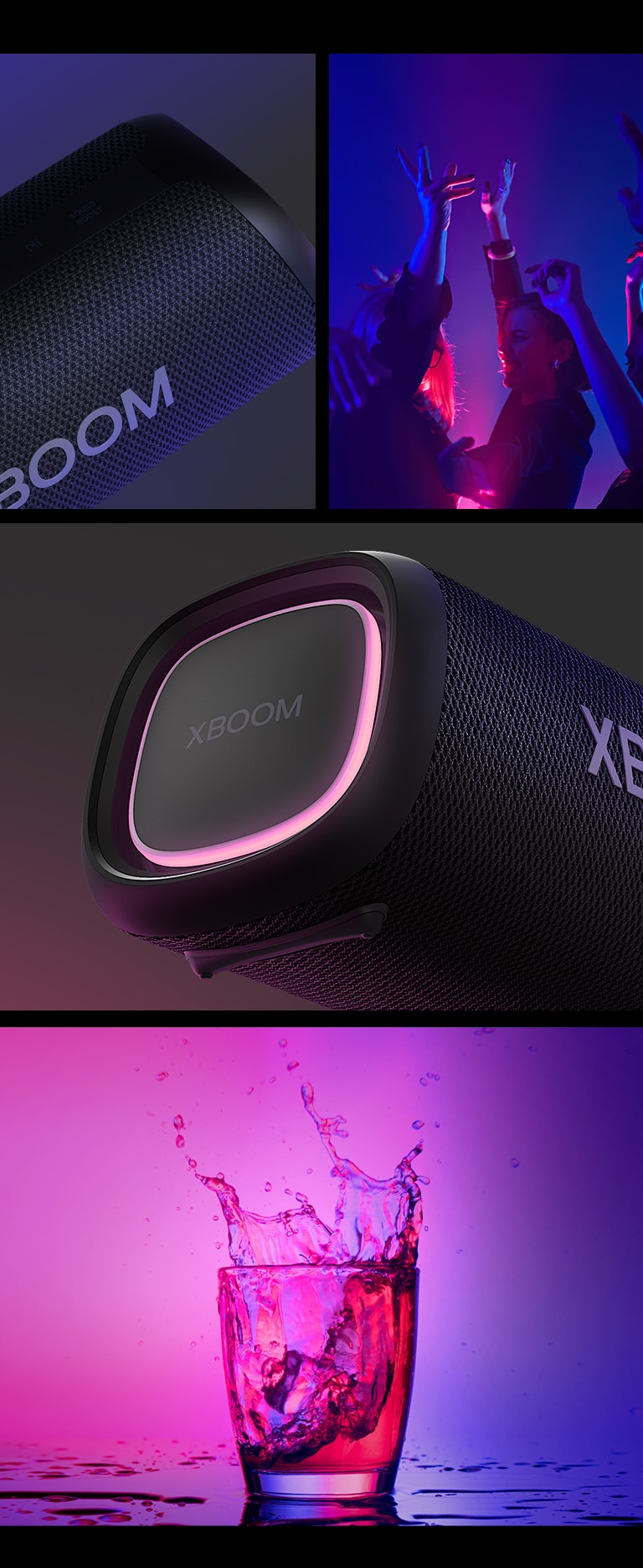 College. From left, close up view of LG XBOOM Go XG5. Next, an image of people enjoying the music. On the right from top to bottom: close-up view of the speaker with pink lighting and two glasses of drink.