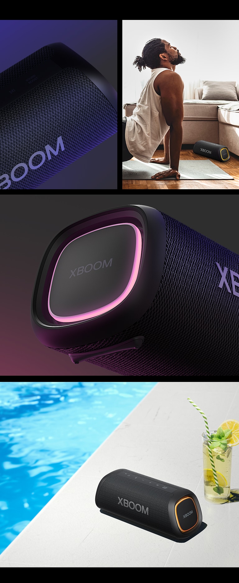 College. From left, close up view of LG XBOOM Go XG5. Next, an image of a man doing yoga, on top of the matt LG XBOOM Go XG5 is placed. On the right from top to bottom: close-up view of the speaker with pink lighting. The speaker with orange lighting and a lemonade are placed on the poolside.