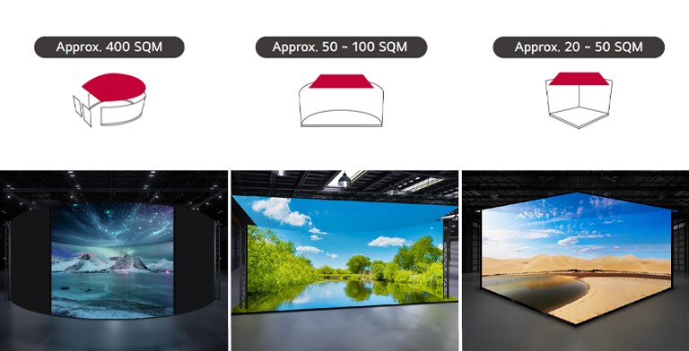 In a studio, ceiling LEDs are installed in sizes of approximately 400m2, 50-100m2, and 20-50m2, respectively. The scenery on the LED screens appears very bright.