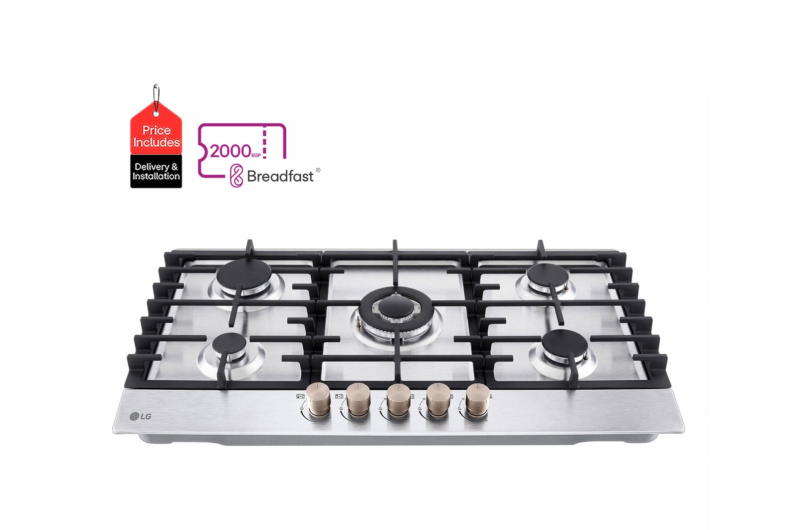 Front view of LG Gas Cooktop 5 Burners 90cm Stainless Steel CG5Z3626S