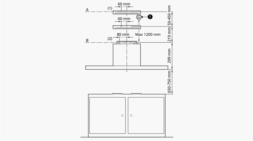 This image shows the required distance from the hob when installing the hood.