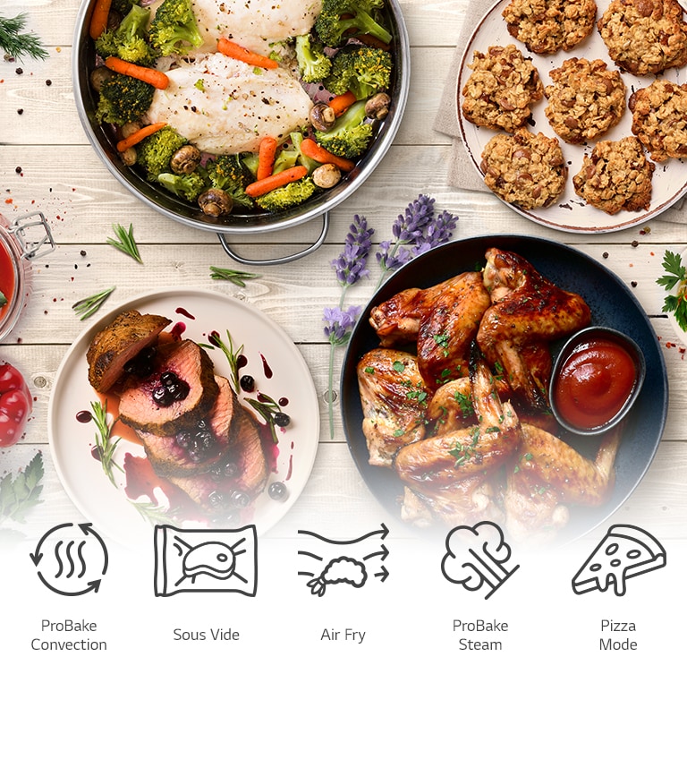 This is an image of steamed chicken breasts, air-fried chicken wings, cookies, and air sous vide steak on the table. Icons representing ProBake convection, air sous vide, air fry, and ProBake steam functions are also included below.