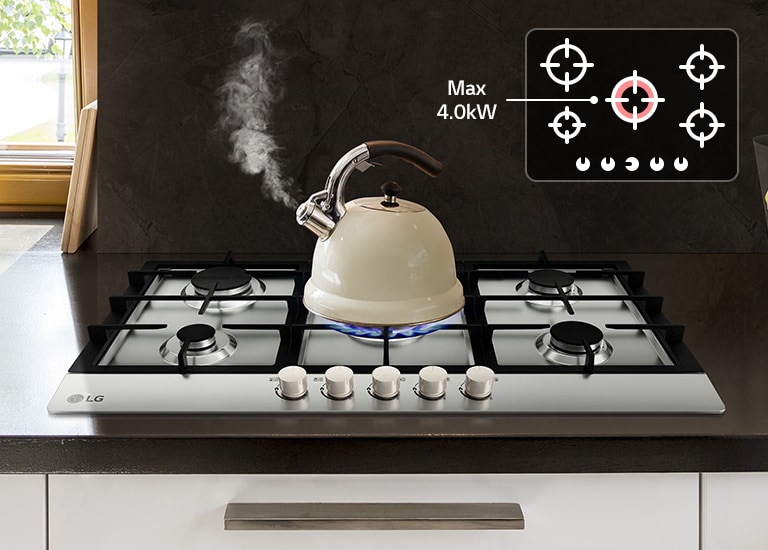 LG gas stovetop with a white kettle steaming on the front burner, and a diagram showing max output of 4.0kW.