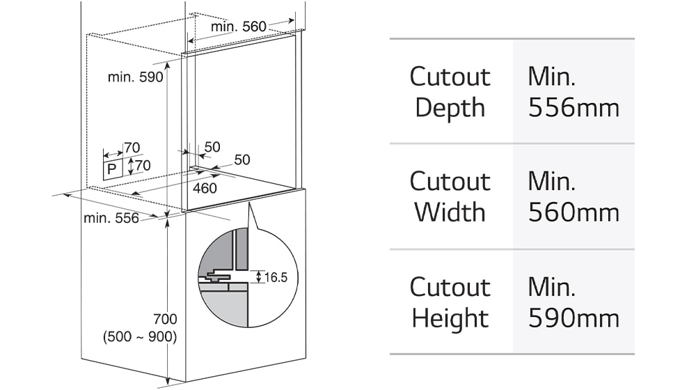 Immagine che mostra le misure dell'incavo nel mobile per incassare il forno