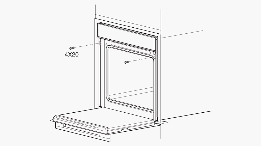 Immagine che mostra le parti che devono essere fissate al mobile quando installi il forno.