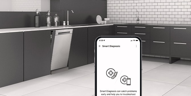 Kitchen interior with partially open free-standing dishwasher and LG ThinQ™ app.