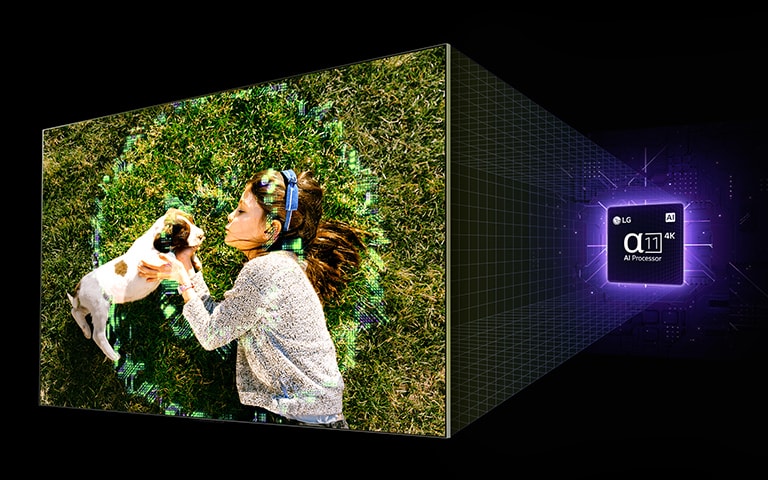 An LG AI TV hovers at an angle on a black background display an image of a girl with a dog, and a graphic of the alpha 11 AI Processor 4K hovers behind, lit up by purple neon light. Gridlines project from the chipset to the TV and a ripple effect appears on the TV screen as the screen image becomes brighter. The chipset and TV become one, turn to the front, and an LG Magic Remote appears bottom center. The screen image gets smaller and the Magic Remote scrolls through the Top Picks For You menu. The following logos are displayed: LG Channels, Netflix, Prime Video, Disney+, Apple TV, YouTube, Spotify, Twitch, GeForce Now, and Udemy.