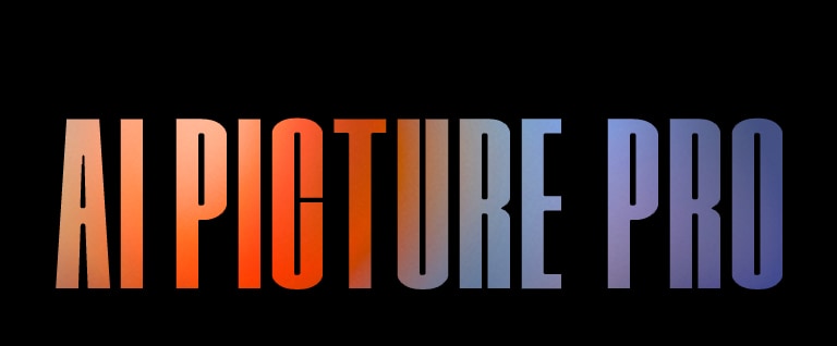 Text reading 'AI PICTURE PRO' in bold, capital letters with a gradient color scheme ranging from orange on the left to pink and blue on the right, set against a black background.