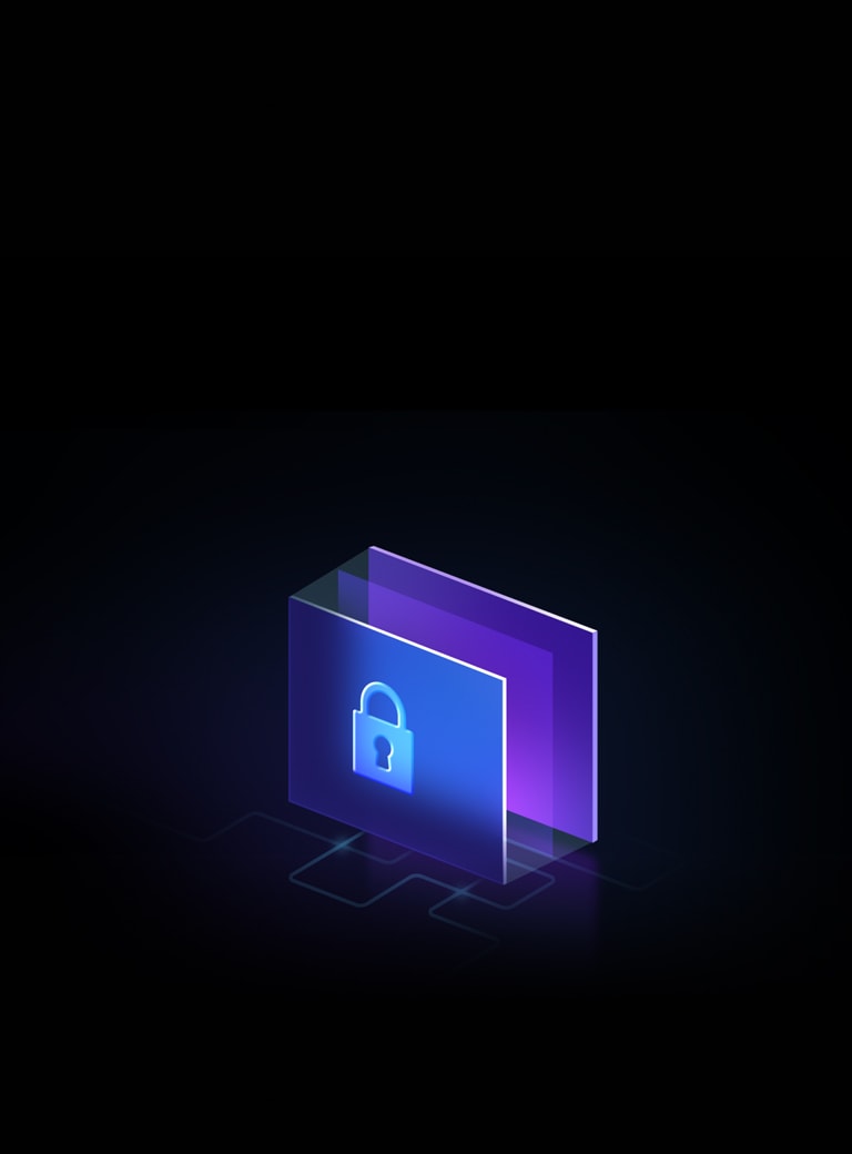 Neon graphics on a black background. Network Encryption shows a neon filing cabinet graphic with a padlock on.