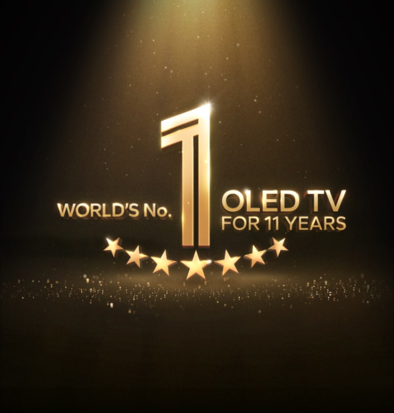 A gold emblem of World's number 1 OLED TV for 11 Years against a black backdrop. A spotlight shines on the emblem, and gold abstract stars fill the space.  