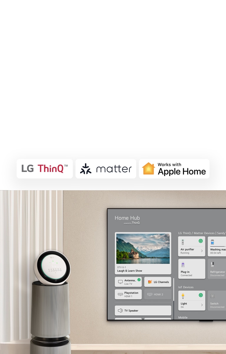 A logo of LG ThinQ™, matter, and Apple Home.   An LG TV mounted on a wall and an LG PuriCare™ Objet Collection 360° on the left. The TV displays Home Hub and a cursor clicks &quot;Air purifier&quot; and the LG PuriCare™ Objet Collection 360° is activated.