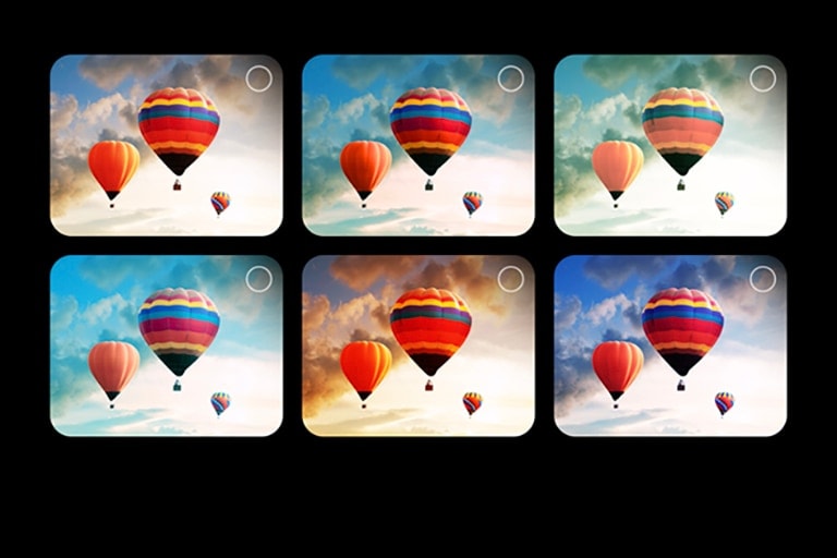 A gallery featuring 6 images of hot air balloons in the sky are shown. Two images are selected. Next, a gallery featuring 6 images of people blowing bubbles appears. 2 more are selected. A black screen appears with a pink and purple loading icon. A mystical landscape appears, and refinements appear gradually from left to right.