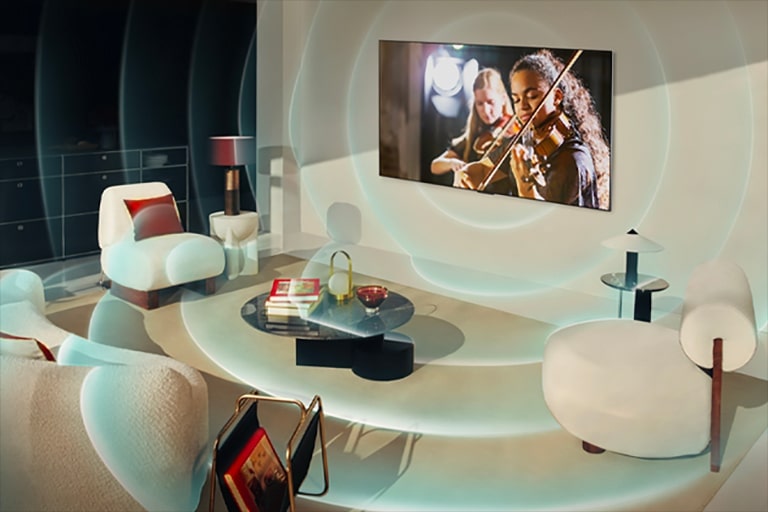 An LG TV is mounted on a living room wall, and bright circles emanate from the TV around the room depicting the soundscape.	