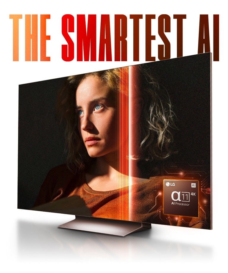 The words 'THE SMARTEST AI' in a red gradient pattern are above an LG TV displaying a woman's face. Red neon lights trace the outline of the woman and pass across the screen, resulting in a brighter image. An LG alpha 11 AI Processor graphic is bottom right.	