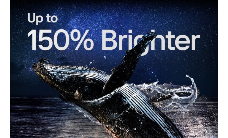 A still image of a whale jumping out of a dark ocean beneath a starry night sky, then the words 'Up to 150% brighter' fade in on the sky.	