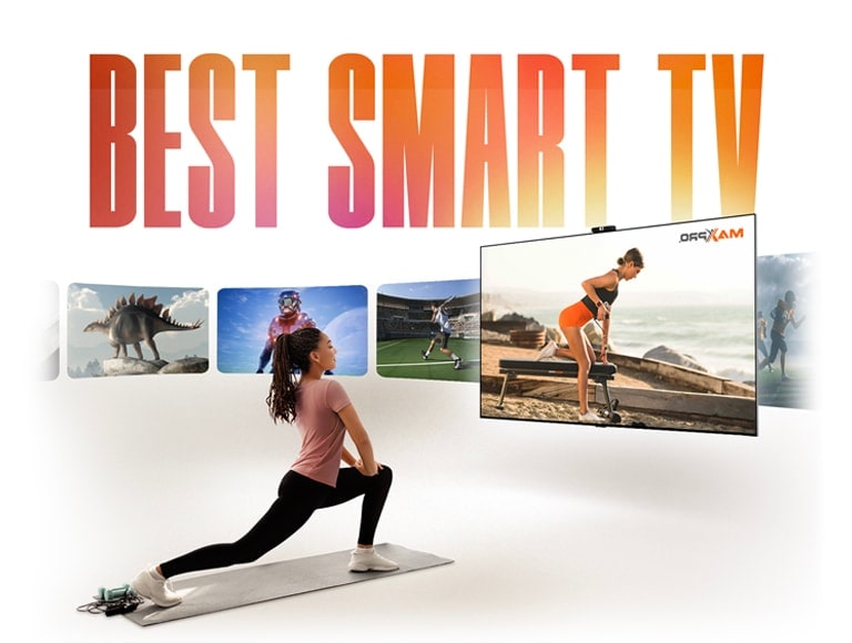 The words 'BEST SMART TV' in an orangey-yellow gradient pattern above a woman exercising on a mat in front of an LG TV. A variety of other channels are shown to the side of the LG TV in rounded rectangle graphics. 	