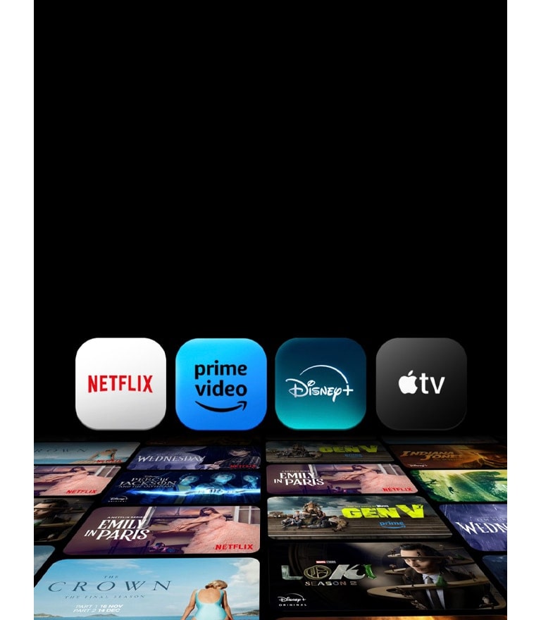 TV show thumbnails lay flat across the screen on a black background, and the following logos are above: Netflix, Prime Video, Disney+, Apple TV.