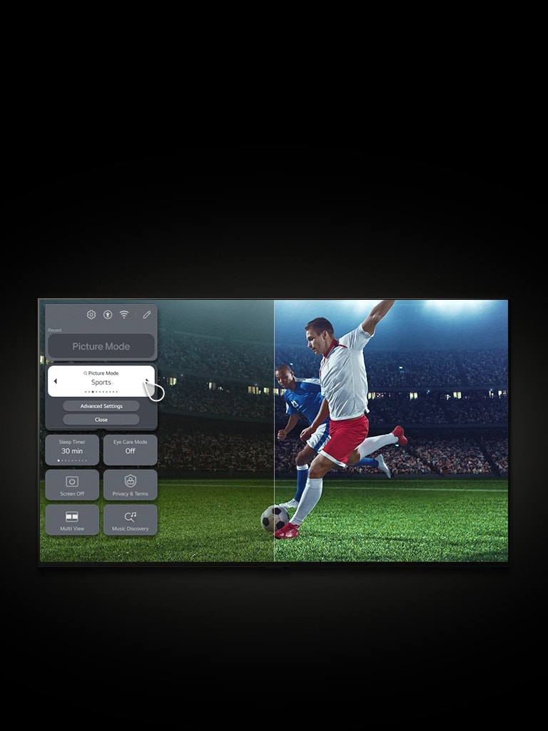 An LG TV displays a football player on a pitch. A menu on the left side of the display shows settings, and the cursor clicks to change the picture setting from 'Vivid' to 'Sports Mode'. A graphic line passes over the screen to reveal a brighter, clearer picture.	