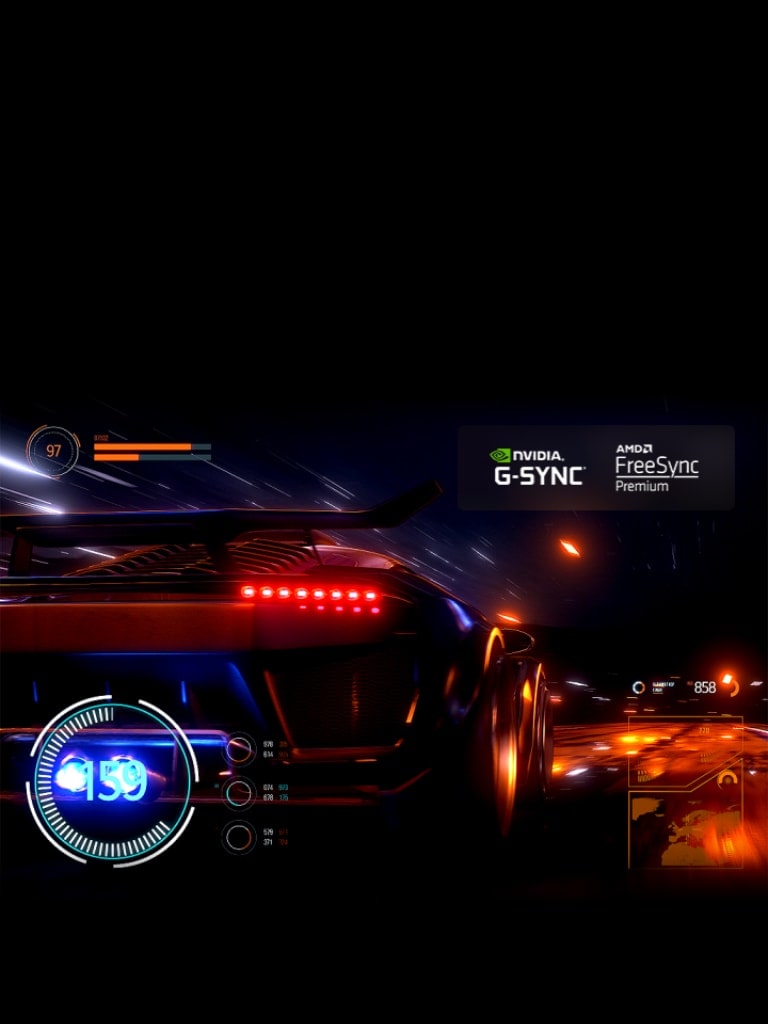 A blurry scene of a car driving fast in a racing game, with a speedometer graphic overlayed. As the speed gets faster, the scene is refined to be clearer and smoother and the NVIDIA G-SYNC logo and FreeSync Premium logos appear in the top right corner.