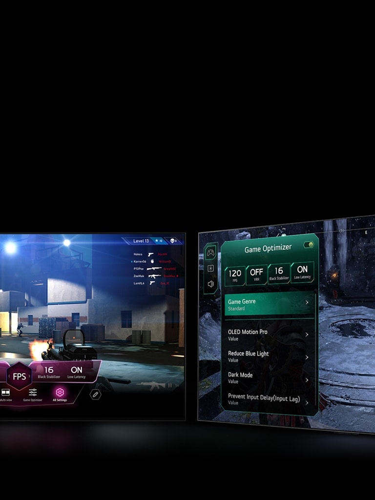 Two LG TVs show gameplay. The left monitor shows Game Dashboard and the right monitor shows Game Optimizer, both appearing on top of the game.