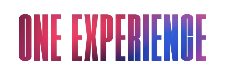 The words 'ONE EXPERIENCE' in a dark pink and purple gradient pattern.