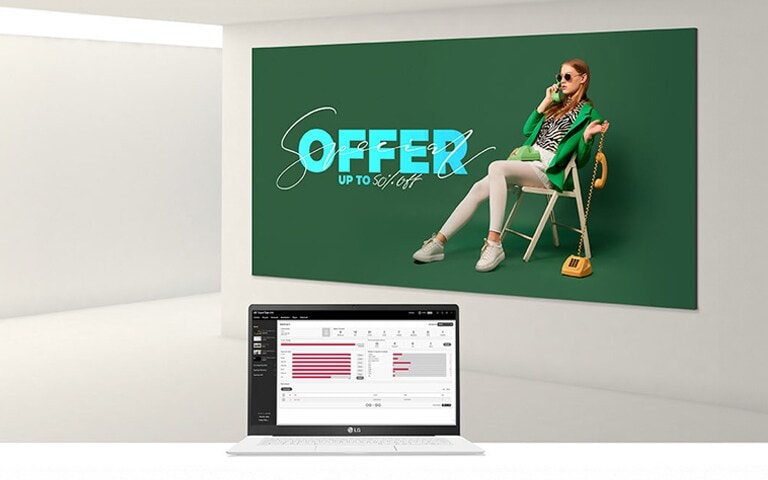 It shows the usage of signage products and the actual screen of LG SuperSign CMS on a laptop.