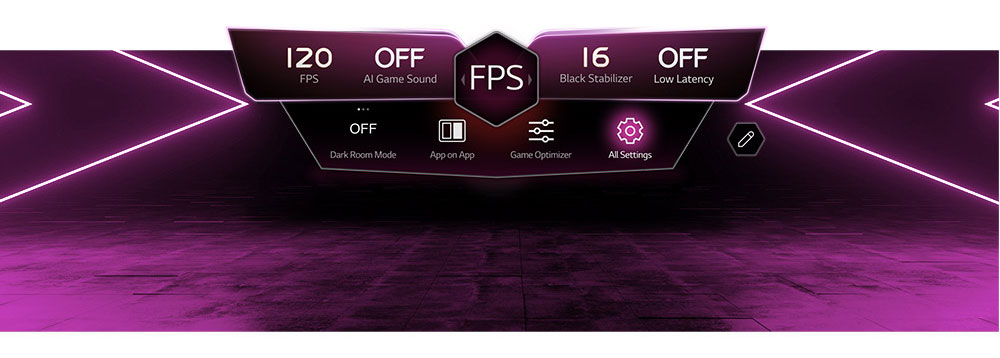 A gaming menu with features like Low Latency and FPS and settings like Game Optimizer and Dark Room Mode is shown.