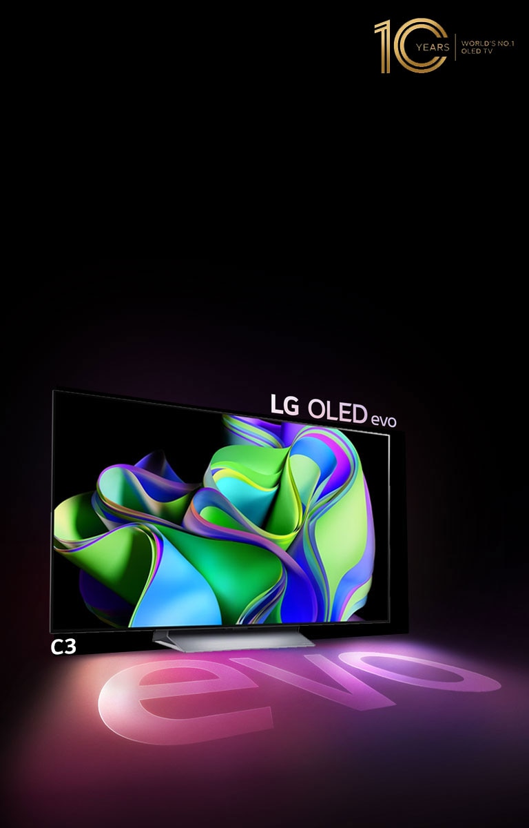 LG OLED G3 evo is shining brightly in a dark space. And on the top right, there is a logo to celebrate the 10th anniversary of OLED.