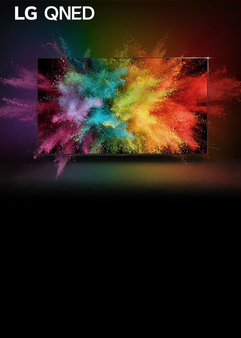 An LG QNED in a dark room. Dyed powders create an explosion of rainbow colors on the TV.