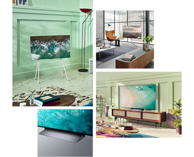 An LG OLED C2 with Floor Stand is in the corner of a mint-colored room. An LG OLED C2 with Gallery Stand sits in front of a large window in a modern room. An LG OLED C2 sits on a vintage TV cabinet in a lime green room with colorful art and furnishings. A close-up angled view of LG OLED C2's base.