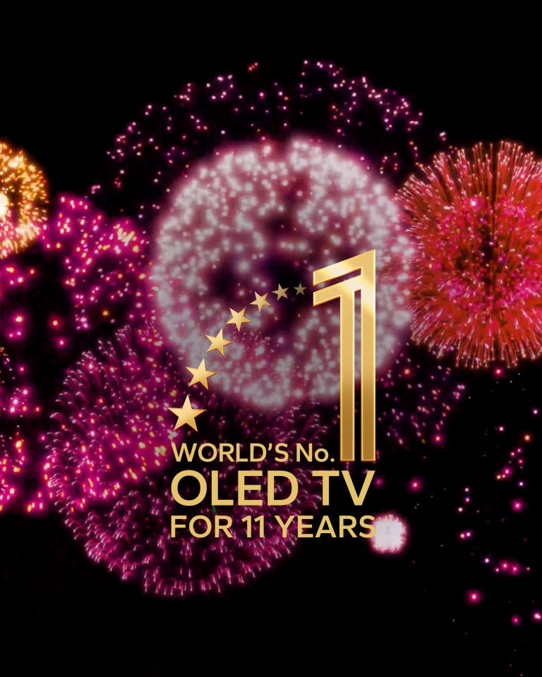 A video shows the 10 Years World's No.1 OLED TV emblem appear gradually against a black backdrop with purple, pink, and orange fireworks.