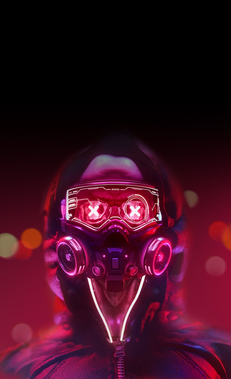 An image of a robot in red lighting. It blinks eyes slowly.