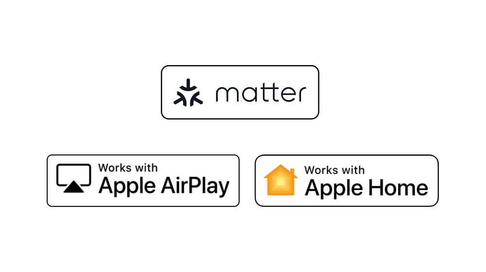 The logo of matter The logo of works with Apple AirPlay The logo of works with Apple Home