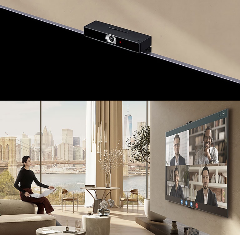 The first image depicts a close-up view of an LG Smart Cam installed on a TV in a beige-colored space. In the second image, a woman is seen sitting on the armrest of a sofa while holding a laptop and watching TV. On the large screen of the TV, there are four characters and a video conference visible.