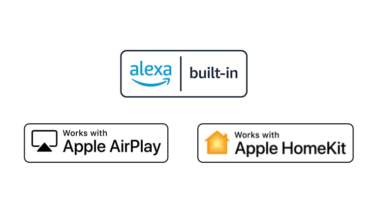 Details showing logos of  alexa, Apple Airplay, and Apple HomeKit in which ThinQ AI is compatible with.