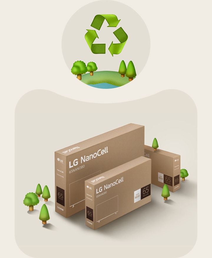 LG NanoCell packaging against a beige background with illustrated trees.